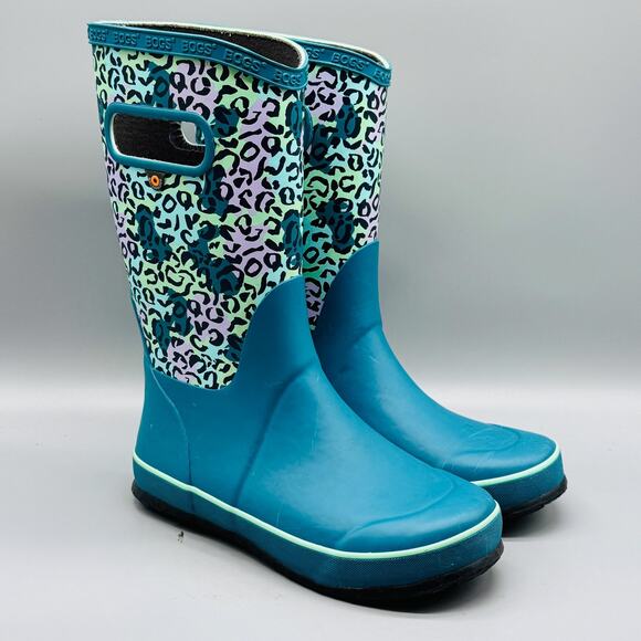 Bogs Boots Youth Girls 3 Blue Leopard Print Waterproof Rain Mid Calf Handles - Picture 2 of 10